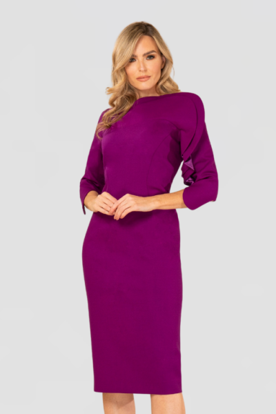 Purple wool dress with high shoulder detail