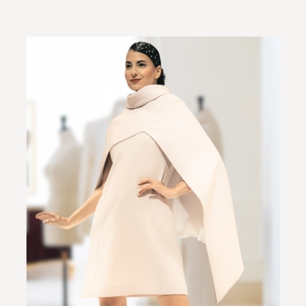 Ivory Midi Length wool designer dress and asymmetrical cape