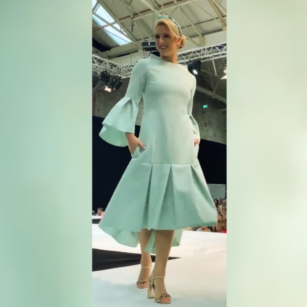 Aqua green midi designer wool dress by designer Maire Forkin Designs