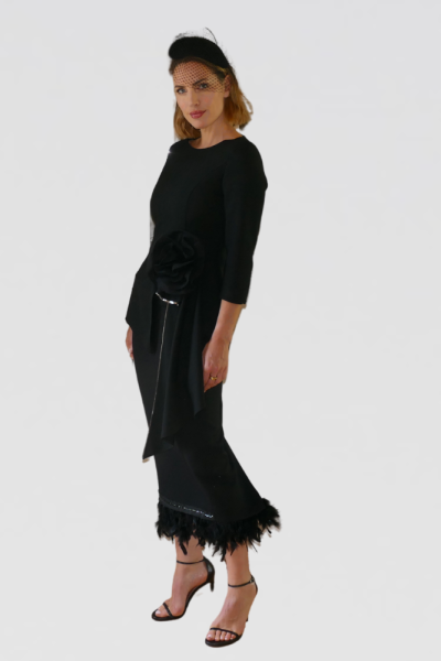 Black wool designer top and skirt with corsage frill