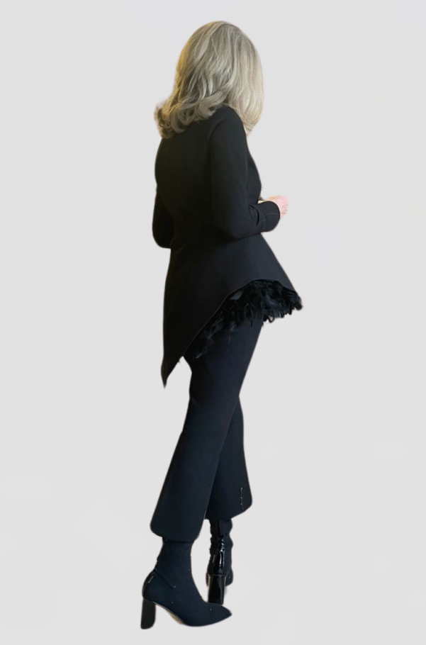 Black Wool Top with corset details and feathers at hem. And Trousers